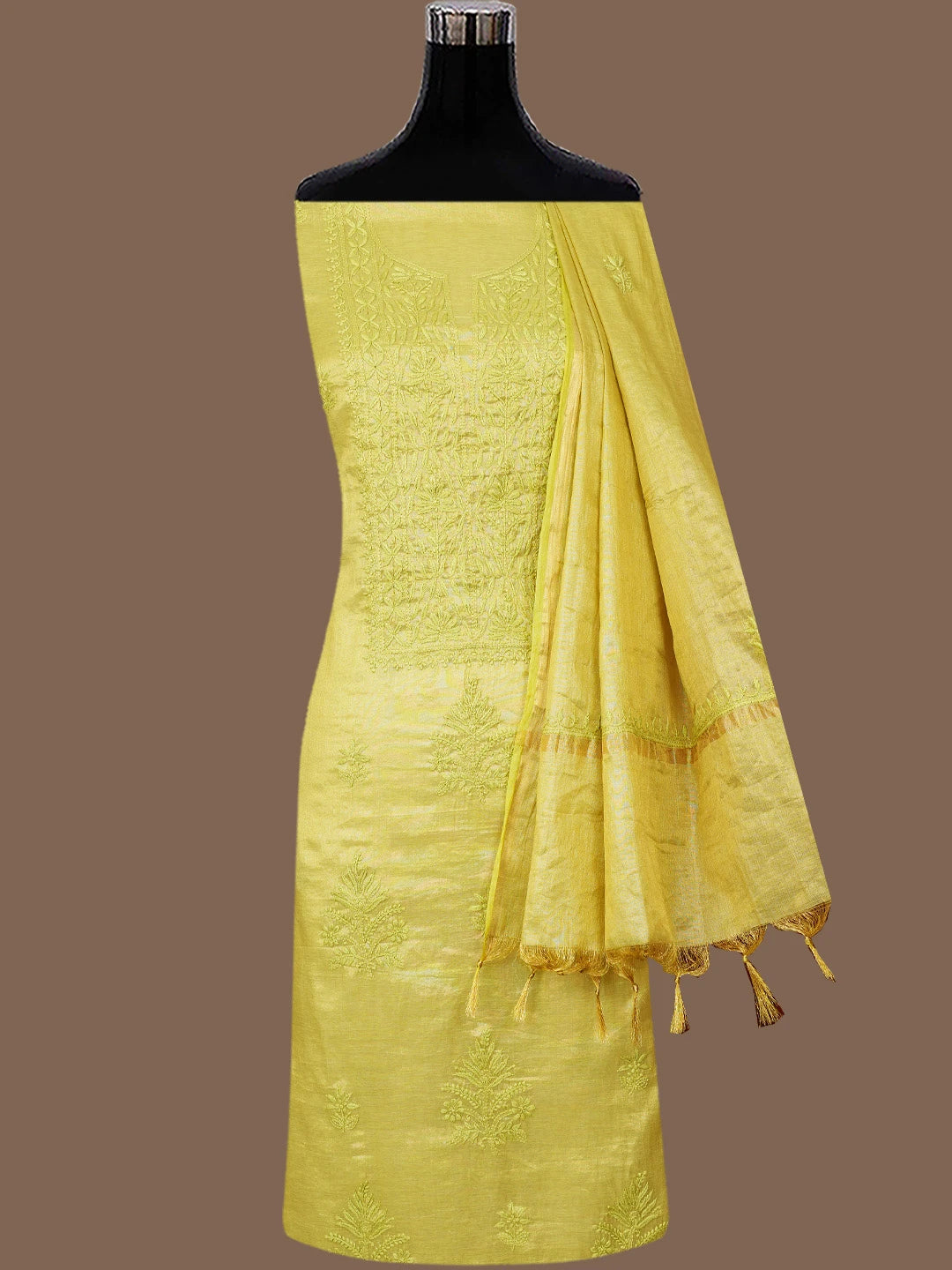 Ada Hand Embroidered Olive Green Tissue Lucknowi Chikankari Unstitched Kurta Dupatta Set 01A779547