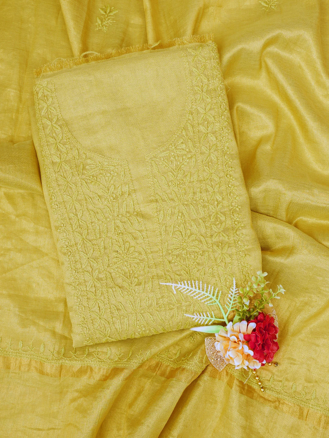 Ada Hand Embroidered Olive Green Tissue Lucknowi Chikankari Unstitched Kurta Dupatta Set 01A779547