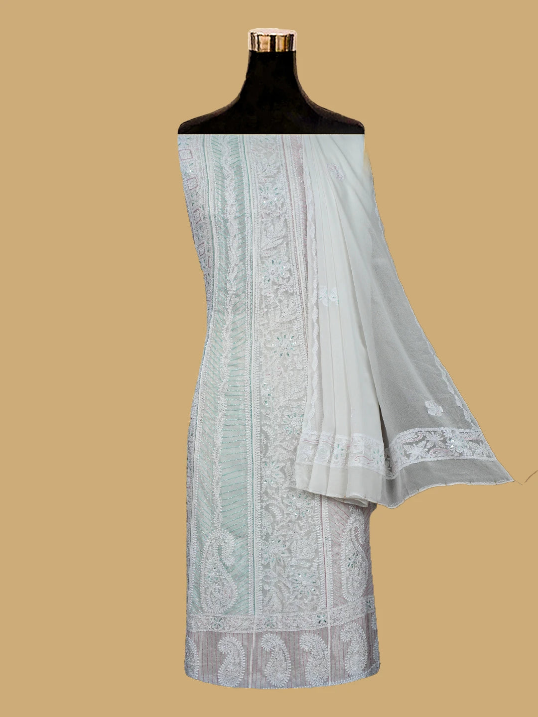 Ada Hand Embroidered White Viscose Georgette Lucknowi Chikankari Semi-Stitched Anarkali Kurta Dupatta Set With Cutdana Work 01A765544