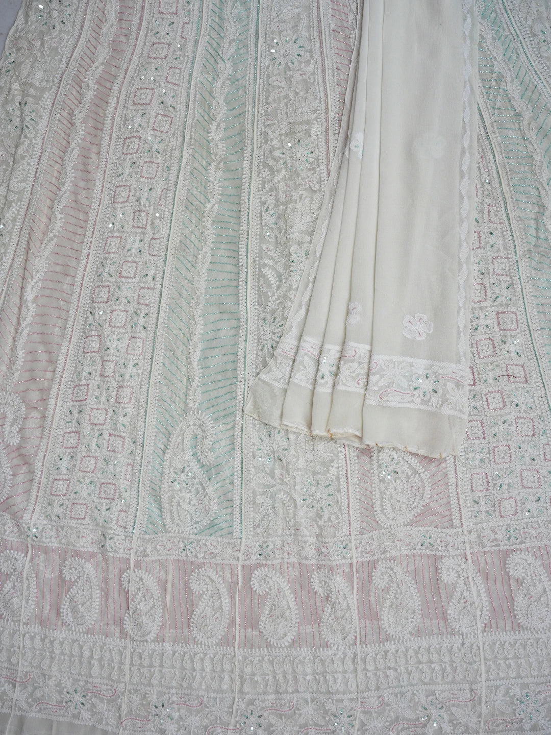 Ada Hand Embroidered White Viscose Georgette Lucknowi Chikankari Semi-Stitched Anarkali Kurta Dupatta Set With Cutdana Work 01A765544