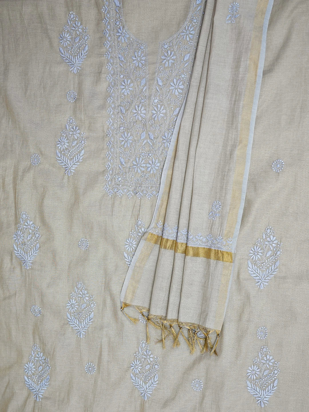 Ada Hand Embroidered Grey Tissue Lucknowi Chikankari Unstitched Kurta Dupatta Set 01A773169