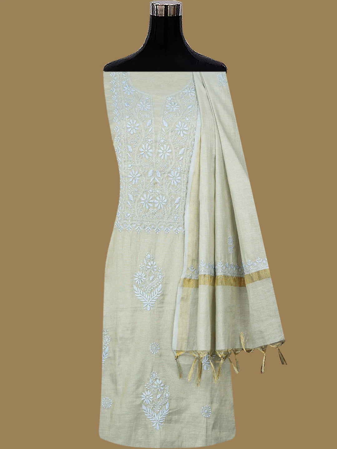 Ada Hand Embroidered Grey Tissue Lucknowi Chikankari Unstitched Kurta Dupatta Set 01A773169