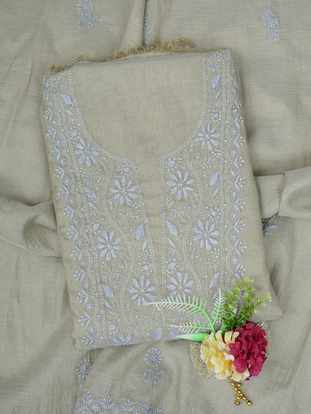 Ada Hand Embroidered Grey Tissue Lucknowi Chikankari Unstitched Kurta Dupatta Set 01A773169