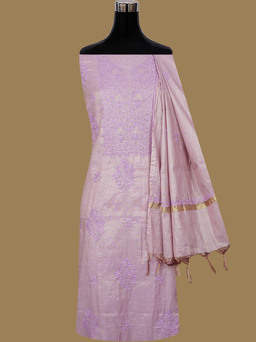 Ada Hand Embroidered Lavender Tissue Lucknowi Chikankari Unstitched Kurta Dupatta Set 01A779539