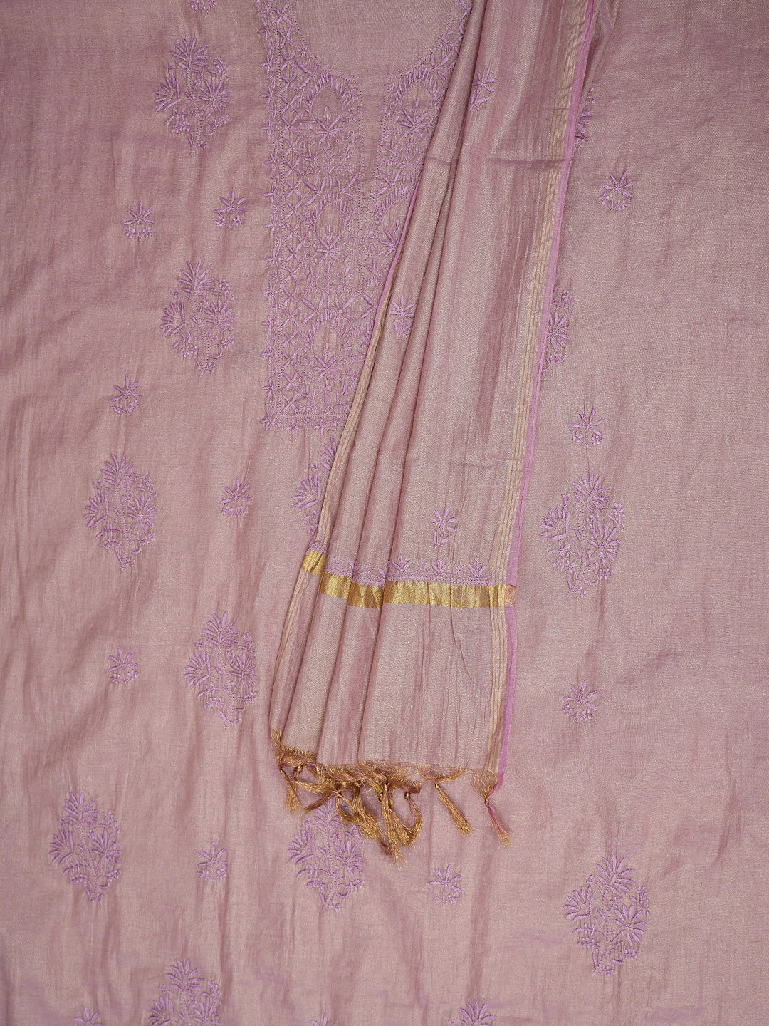 Ada Hand Embroidered Lavender Tissue Lucknowi Chikankari Unstitched Kurta Dupatta Set 01A779539