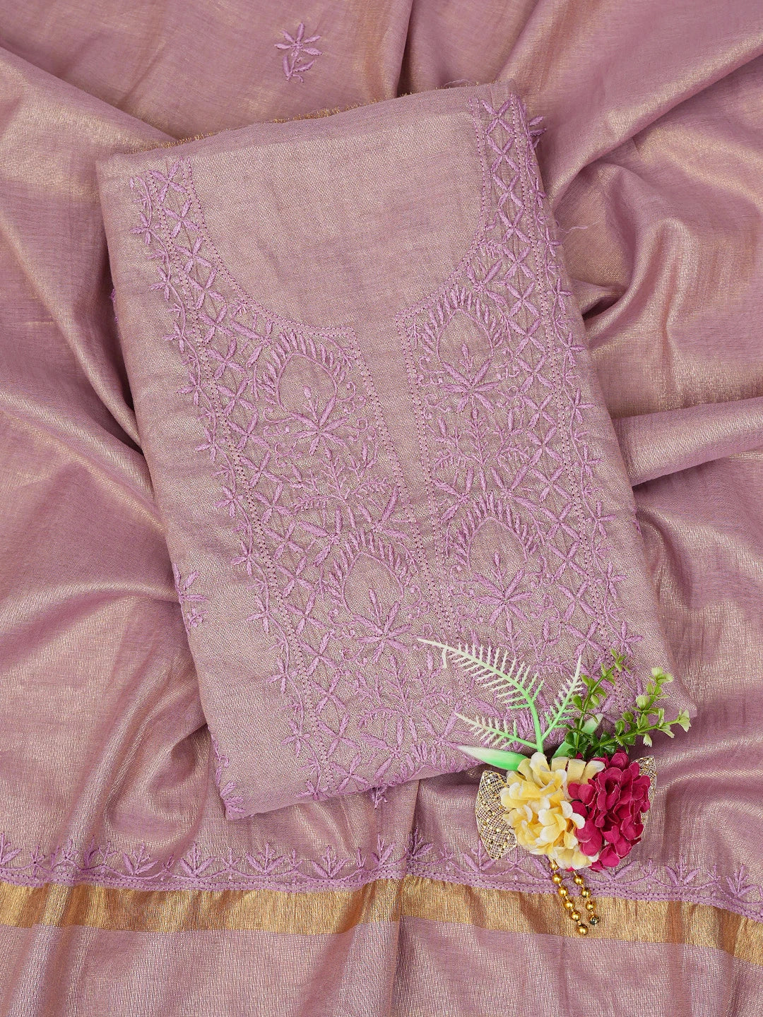 Ada Hand Embroidered Lavender Tissue Lucknowi Chikankari Unstitched Kurta Dupatta Set 01A779539