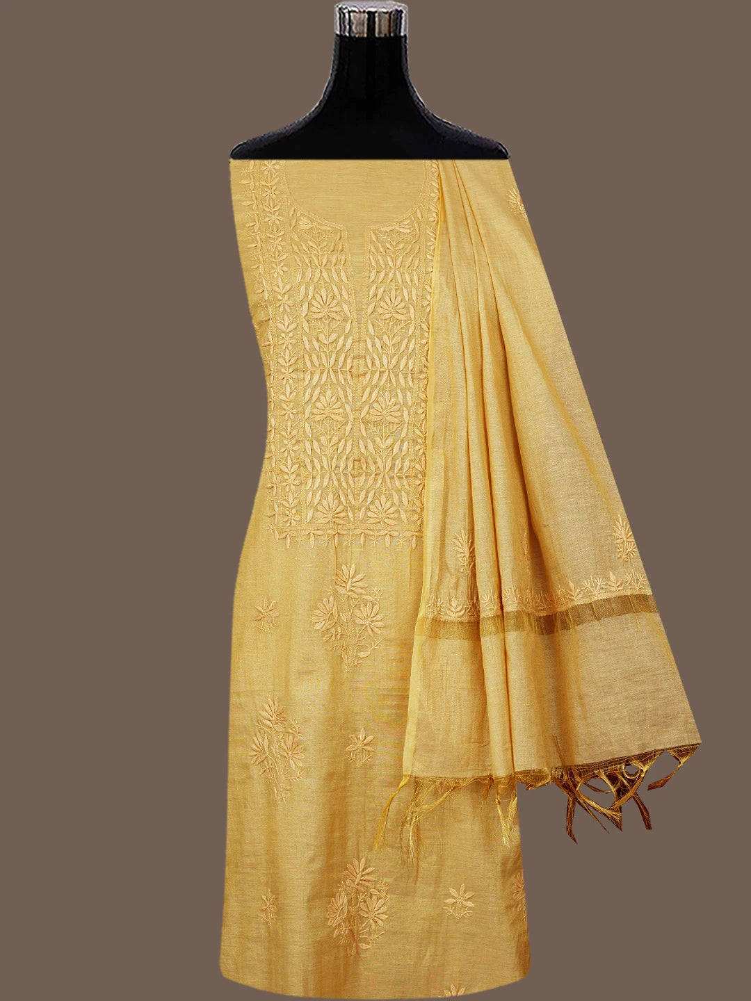 Ada Hand Embroidered Fawn Tissue Lucknowi Chikankari Unstitched Kurta Dupatta Set 01A773164