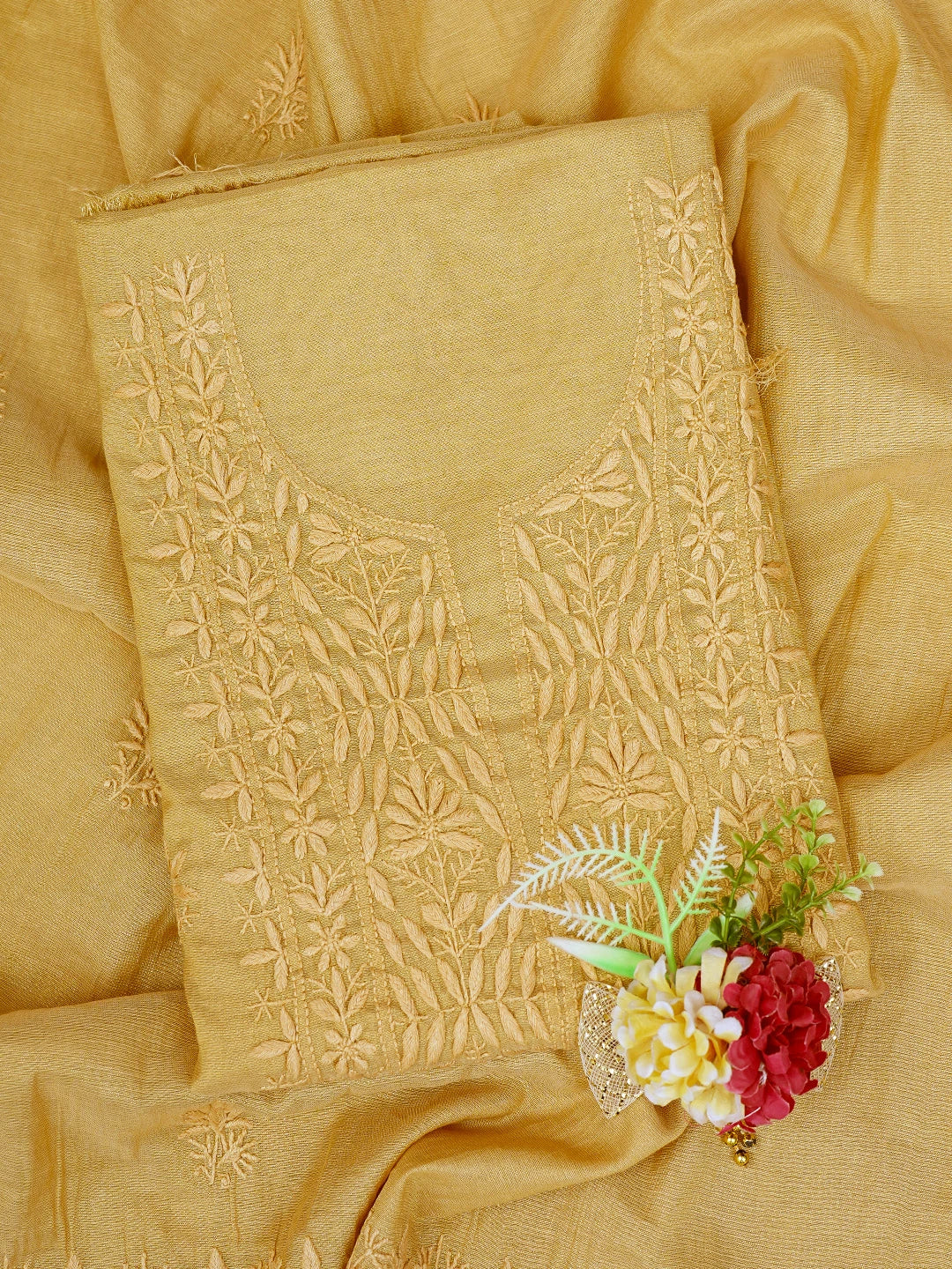 Ada Hand Embroidered Fawn Tissue Lucknowi Chikankari Unstitched Kurta Dupatta Set 01A773164
