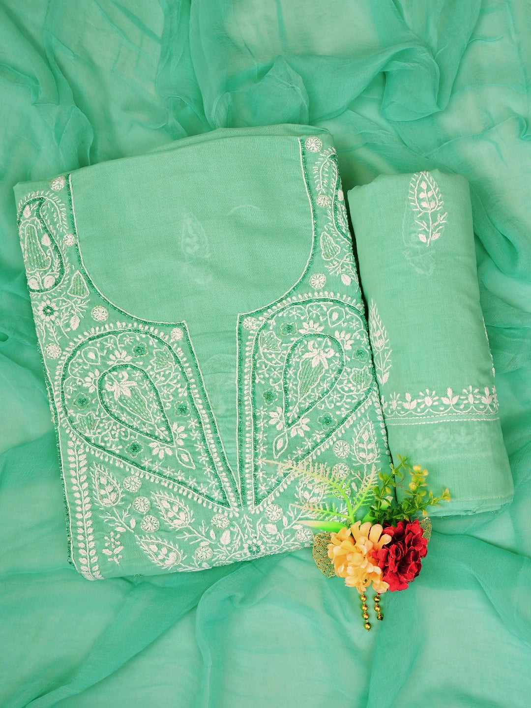 Ada Hand Embroidered Sea Green Cotton Lucknowi Chikankari Unstitched Suit Piece With Cutdana 01A767222