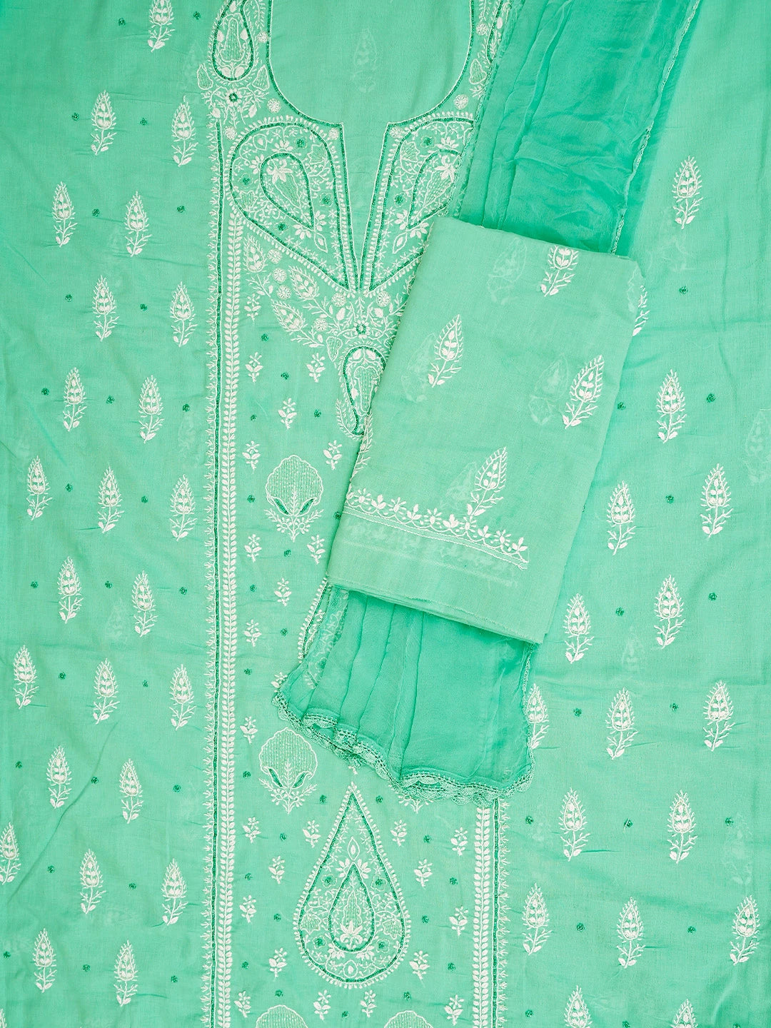 Ada Hand Embroidered Sea Green Cotton Lucknowi Chikankari Unstitched Suit Piece With Cutdana 01A767222