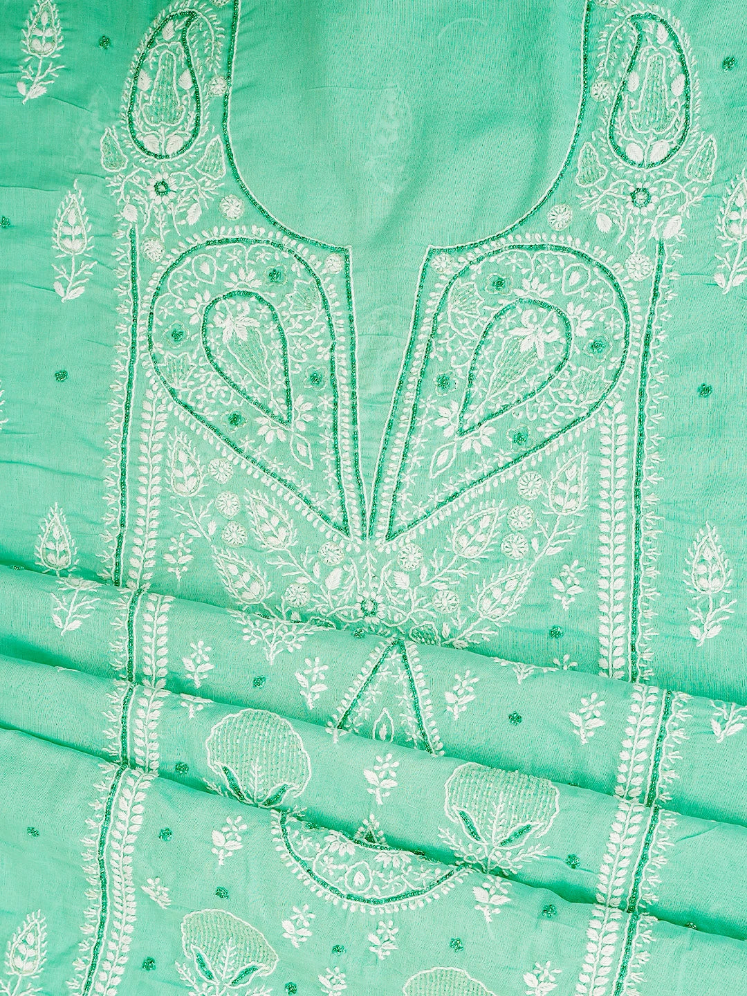 Ada Hand Embroidered Sea Green Cotton Lucknowi Chikankari Unstitched Suit Piece With Cutdana 01A767222