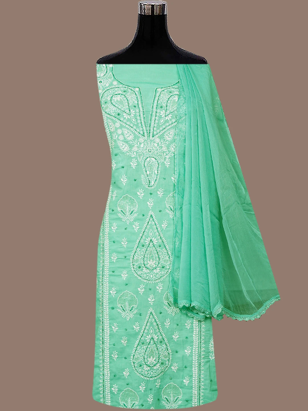Ada Hand Embroidered Sea Green Cotton Lucknowi Chikankari Unstitched Suit Piece With Cutdana 01A767222
