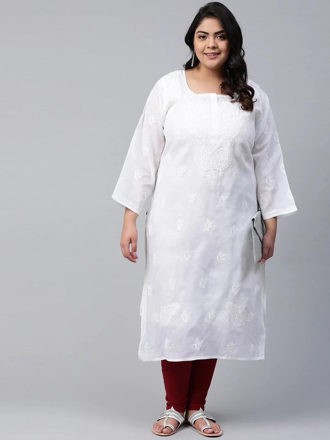 Ada Hand Embroidered White Cotton Lucknowi Chikankari Straight Kurta A100292