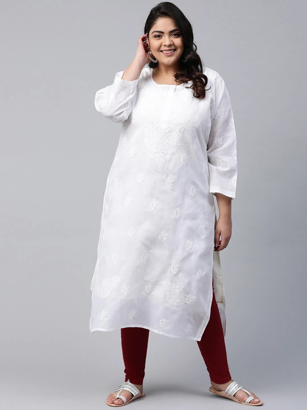 Ada Hand Embroidered White Cotton Lucknowi Chikankari Straight Kurta A100292
