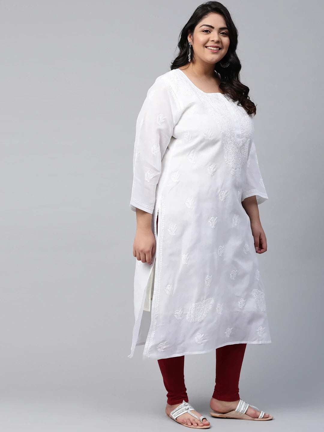 Ada Hand Embroidered White Cotton Lucknowi Chikankari Straight Kurta A100292