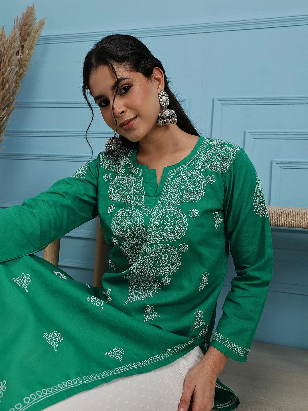 Ada Hand Embroidered Green Cotton Lucknowi Chikankari Straight Kurta A411311