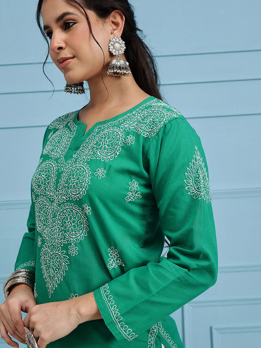 Ada Hand Embroidered Green Cotton Lucknowi Chikankari Straight Kurta A411311