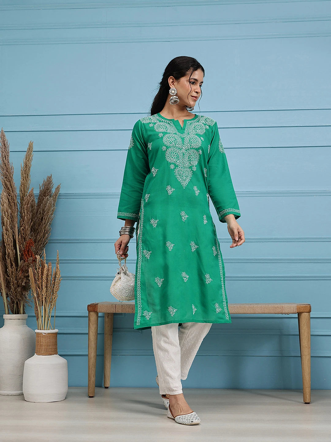 Ada Hand Embroidered Green Cotton Lucknowi Chikankari Straight Kurta A411311