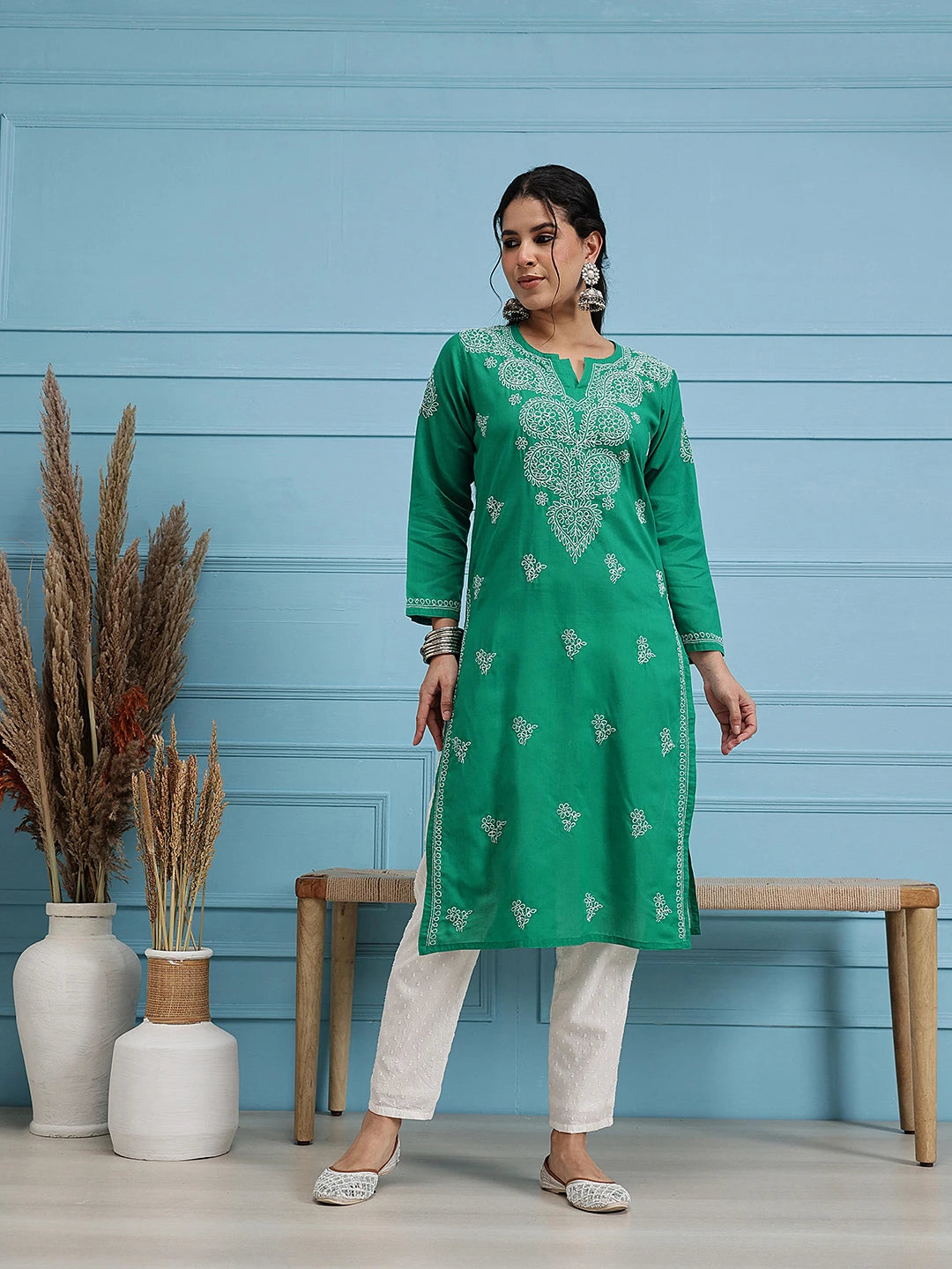 Ada Hand Embroidered Green Cotton Lucknowi Chikankari Straight Kurta A411311
