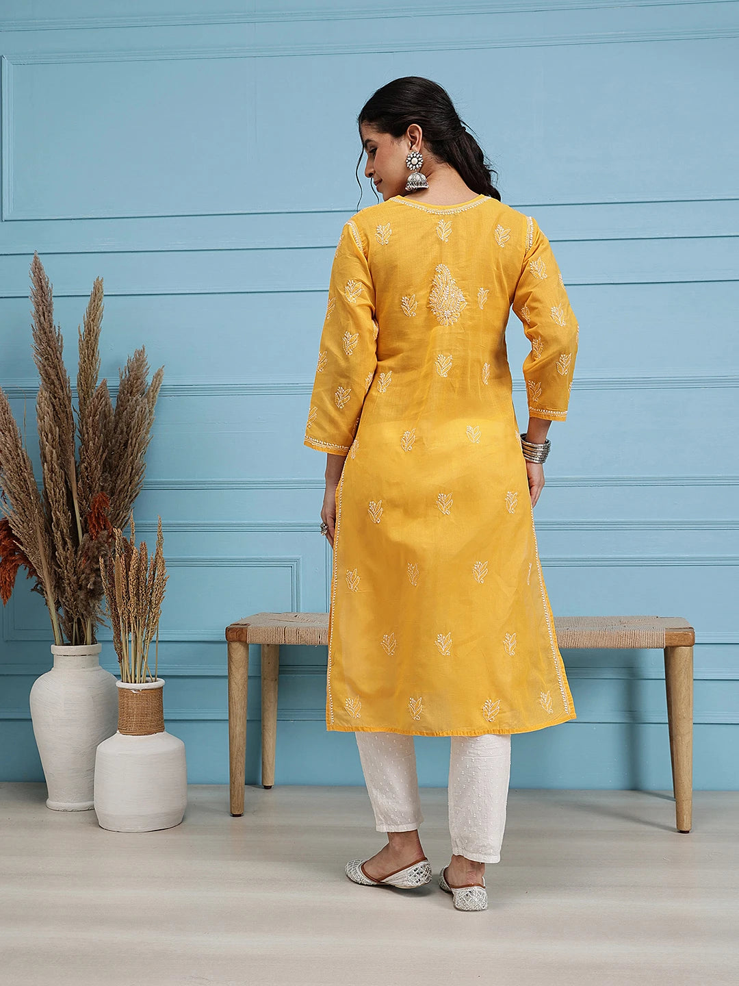 Ada Hand Embroidered Mustard Cotton Lucknowi Chikankari Straight Kurta A411399