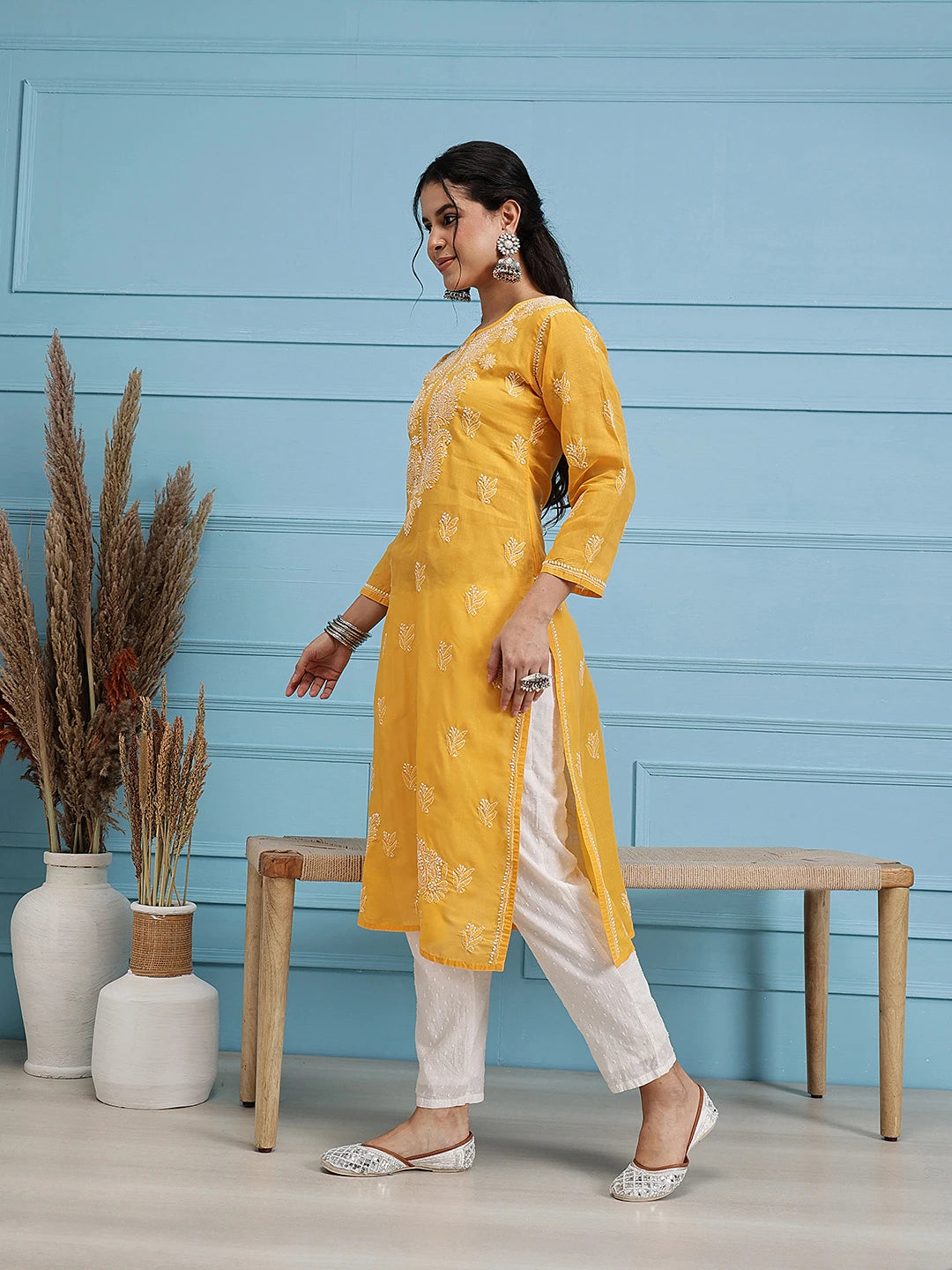 Ada Hand Embroidered Mustard Cotton Lucknowi Chikankari Straight Kurta A411399