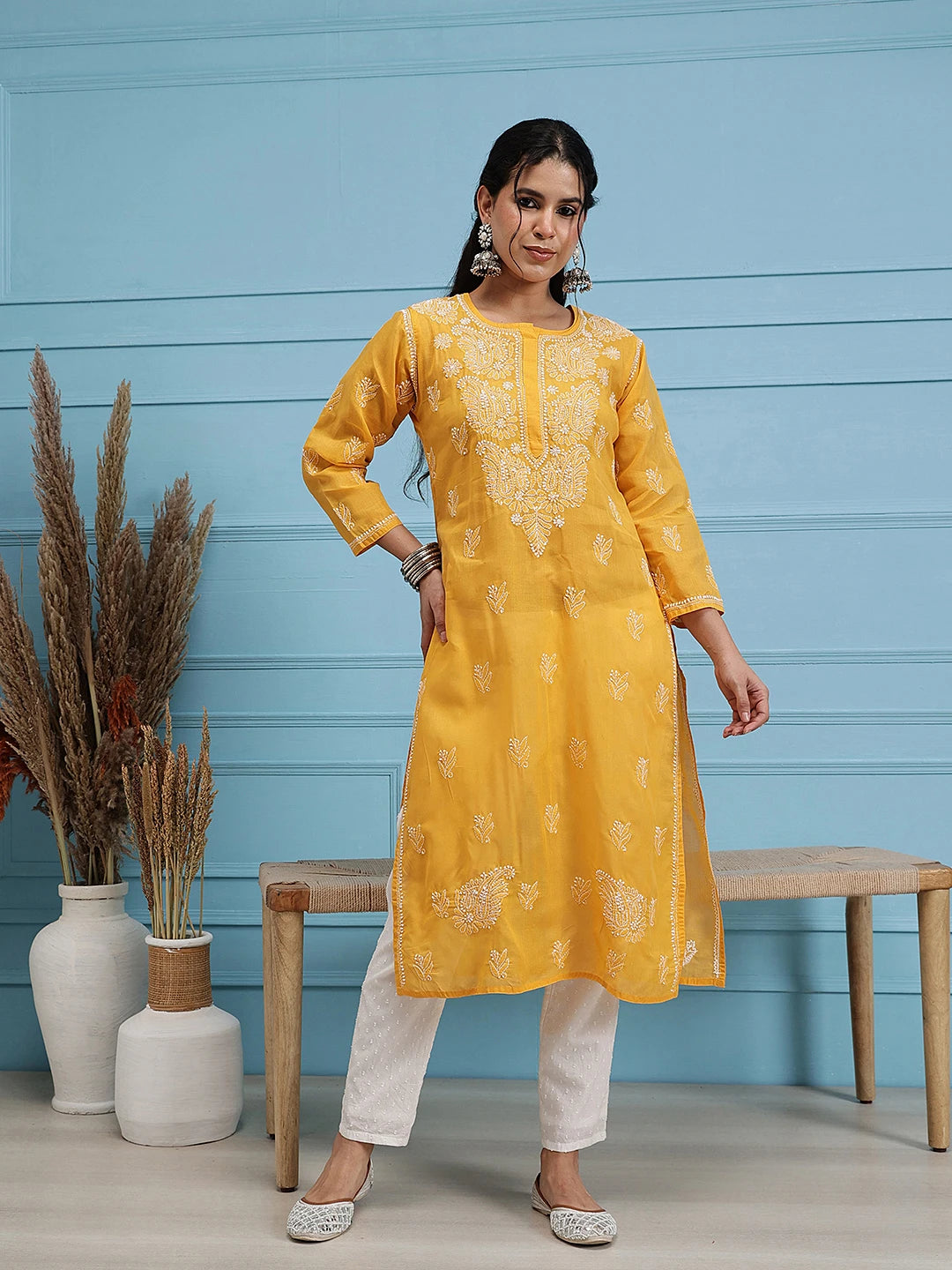 Ada Hand Embroidered Mustard Cotton Lucknowi Chikankari Straight Kurta A411399
