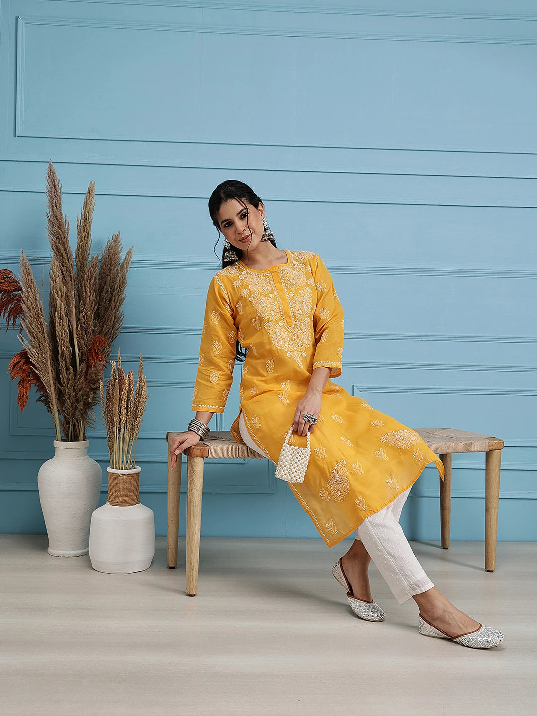 Ada Hand Embroidered Mustard Cotton Lucknowi Chikankari Straight Kurta A411399