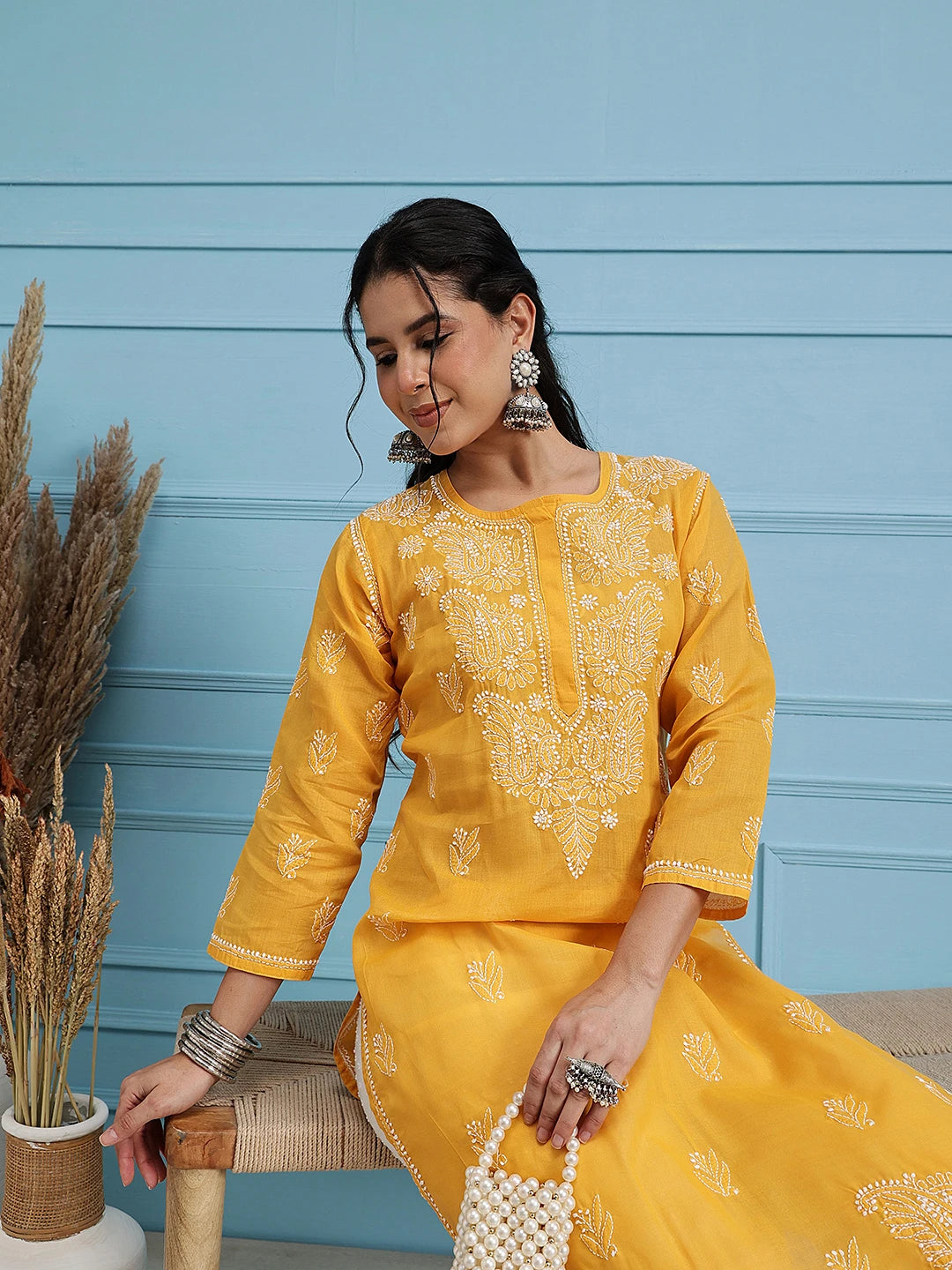 Ada Hand Embroidered Mustard Cotton Lucknowi Chikankari Straight Kurta A411399