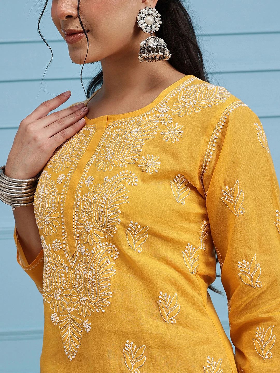 Ada Hand Embroidered Mustard Cotton Lucknowi Chikankari Straight Kurta A411399