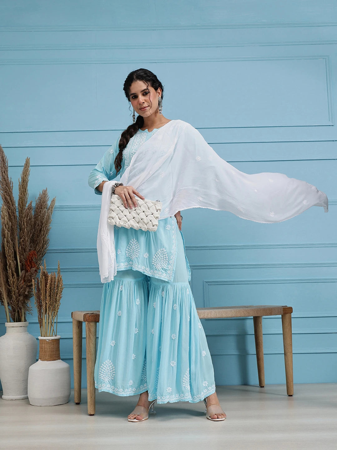 Ada Hand Embroidered White Georgette Lucknowi Chikankari Stole A511157
