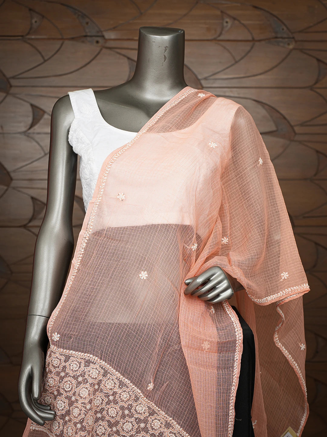 Ada Hand Embroidered Peach Kota Lucknowi Chikankari Stole With Muqaish Work 01A758911