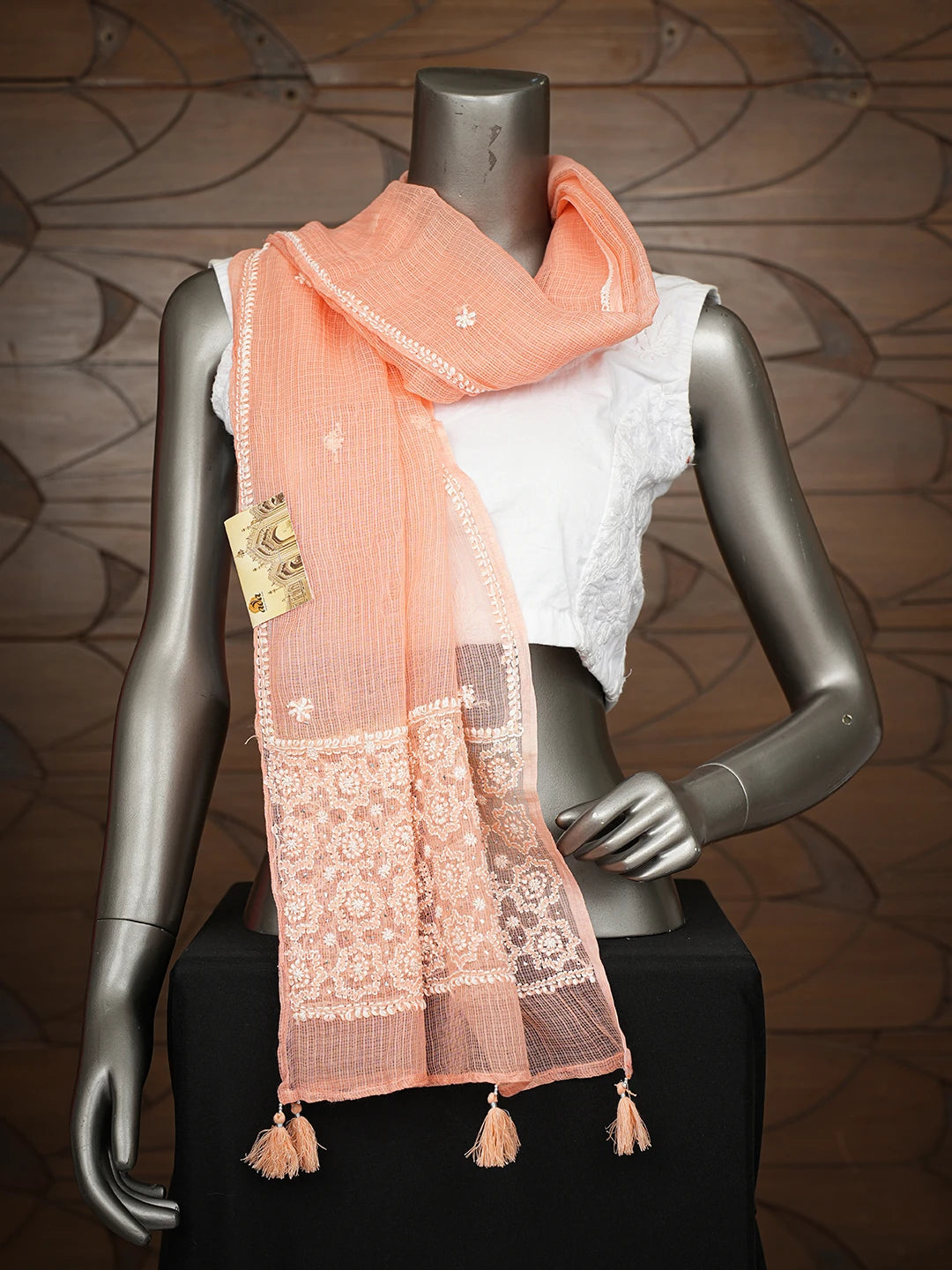 Ada Hand Embroidered Peach Kota Lucknowi Chikankari Stole With Muqaish Work 01A758911
