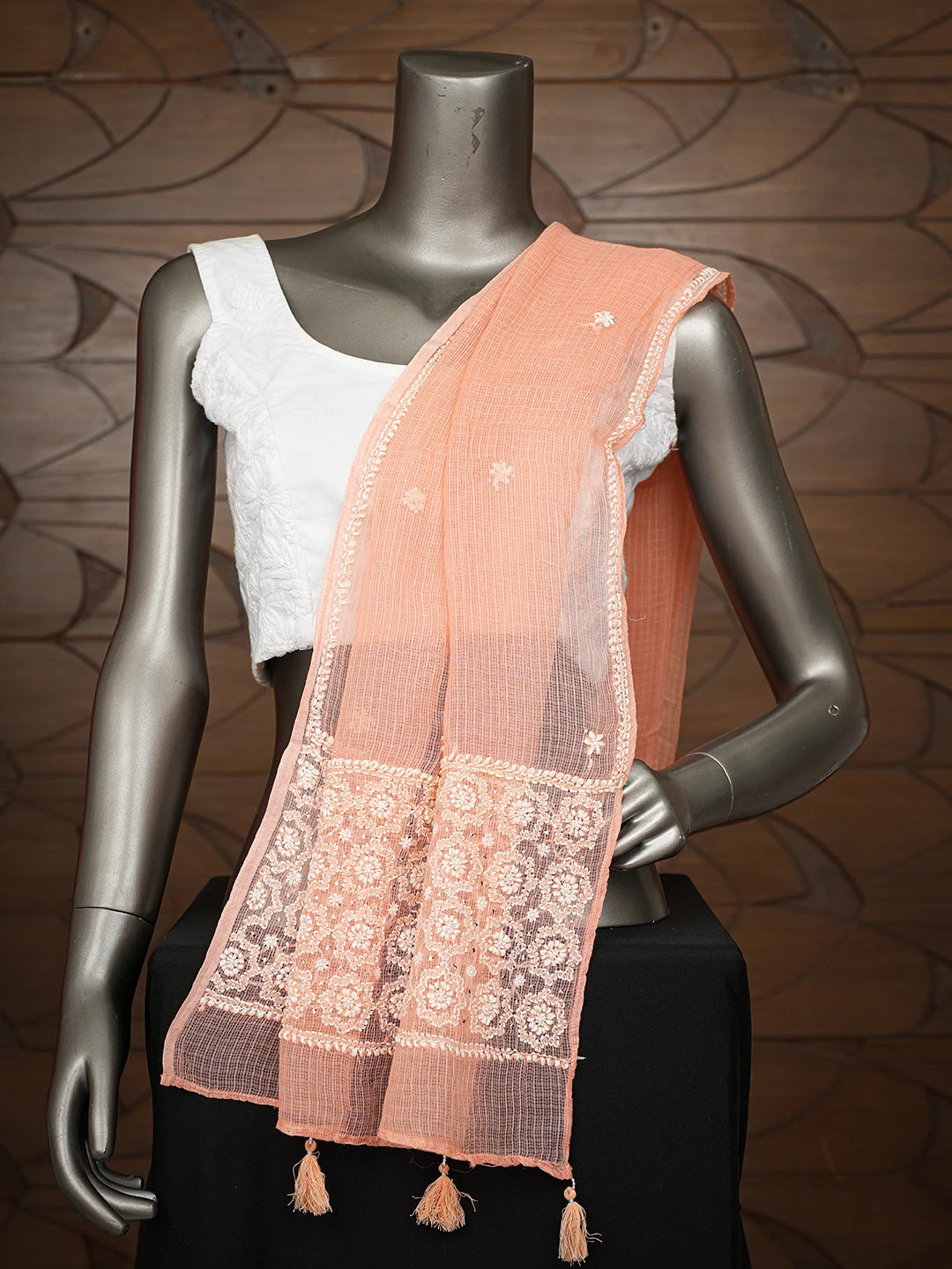 Ada Hand Embroidered Peach Kota Lucknowi Chikankari Stole With Muqaish Work 01A758911