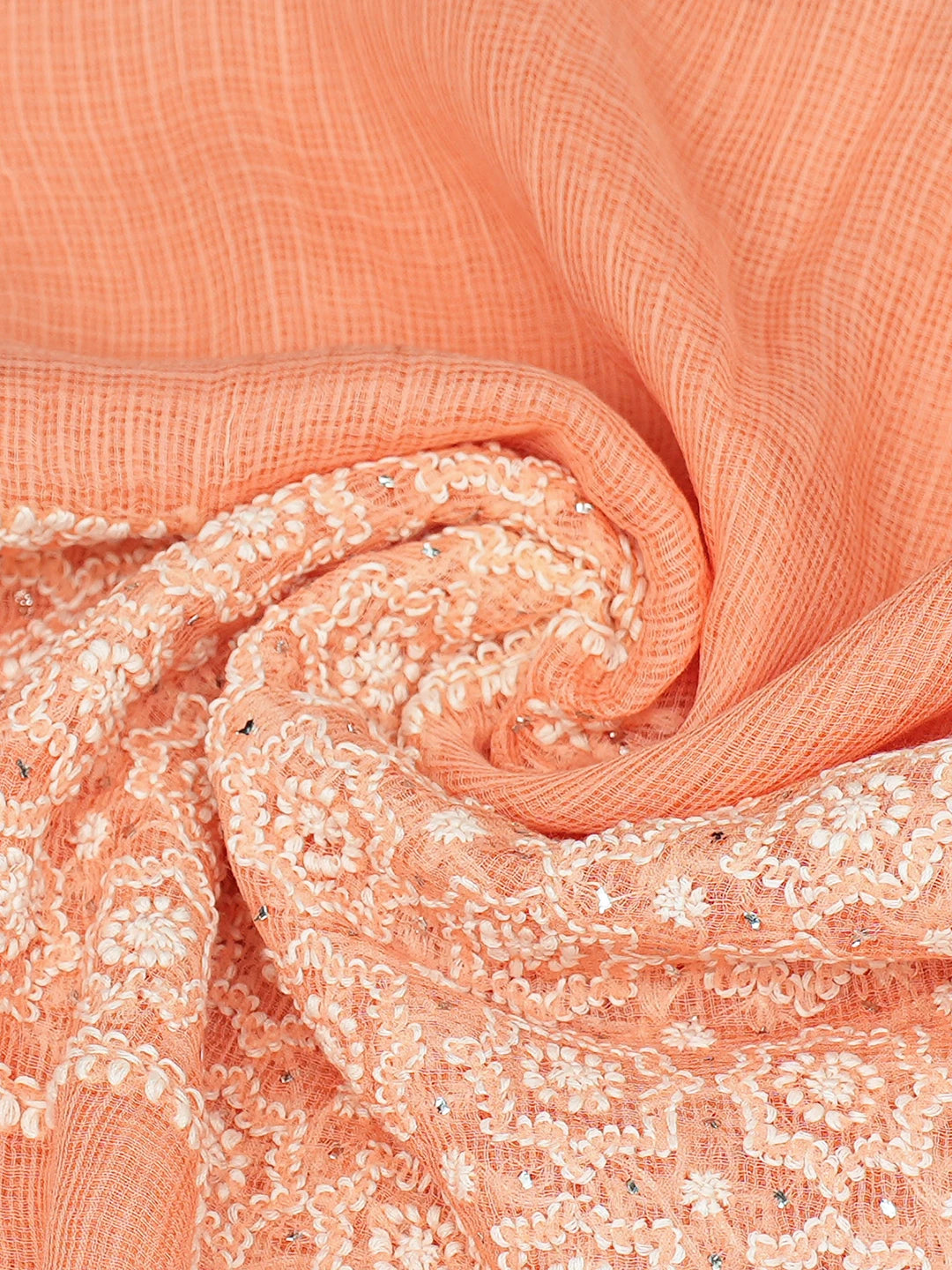 Ada Hand Embroidered Peach Kota Lucknowi Chikankari Stole With Muqaish Work 01A758911