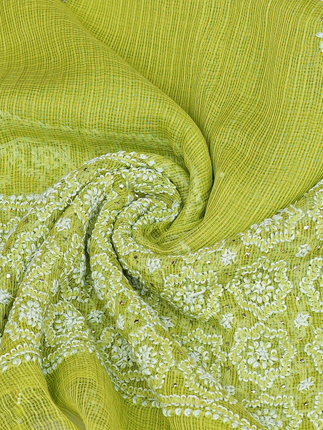 Ada Hand Embroidered Green Kota Lucknowi Chikankari Stole With Muqaish Work 01A758926