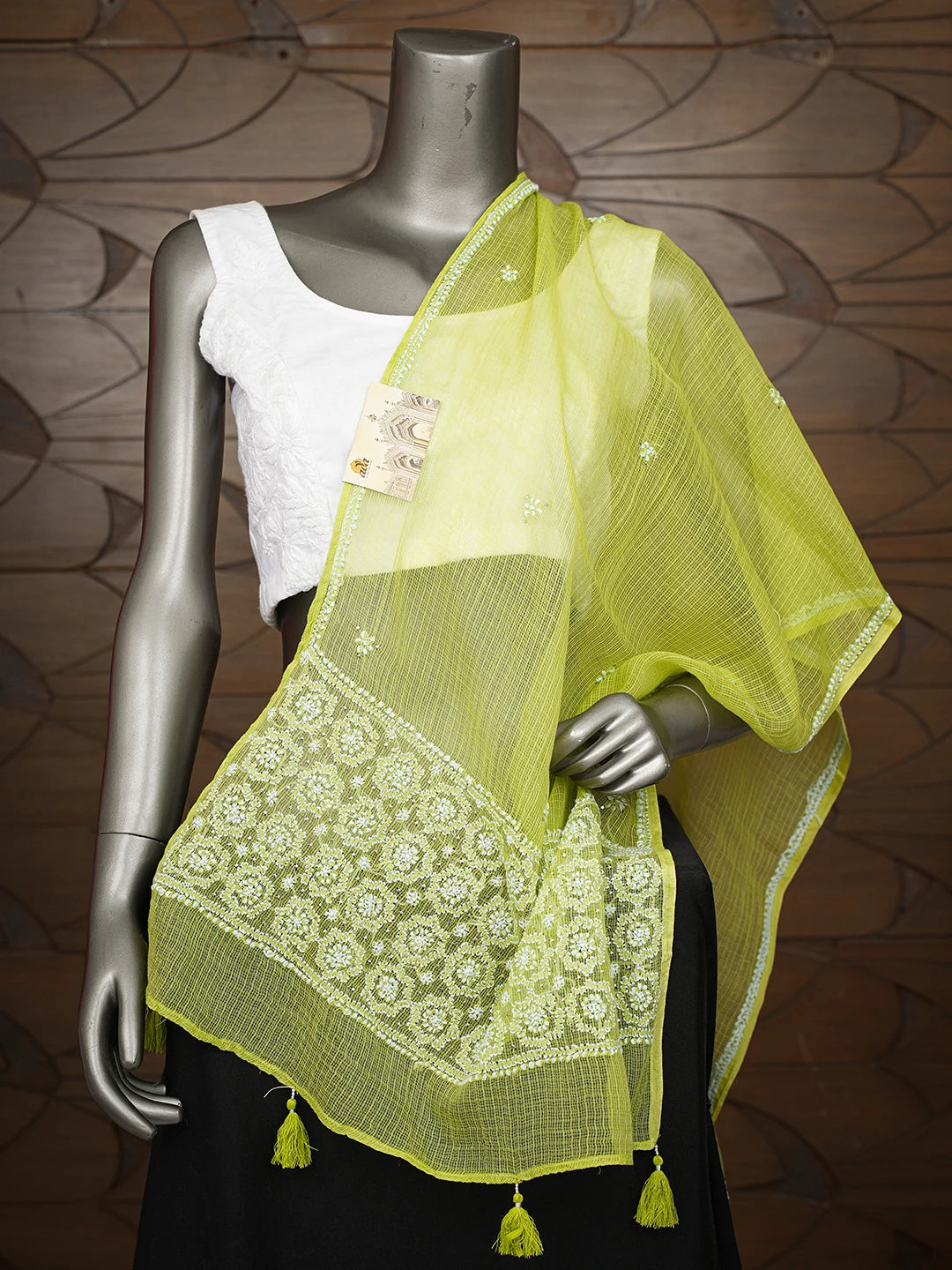 Ada Hand Embroidered Green Kota Lucknowi Chikankari Stole With Muqaish Work 01A758926