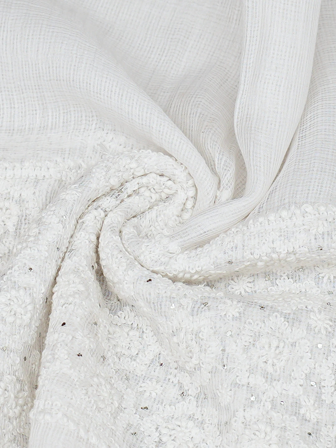 Ada Hand Embroidered White Kota Lucknowi Chikankari Stole With Muqaish Work 01A758868
