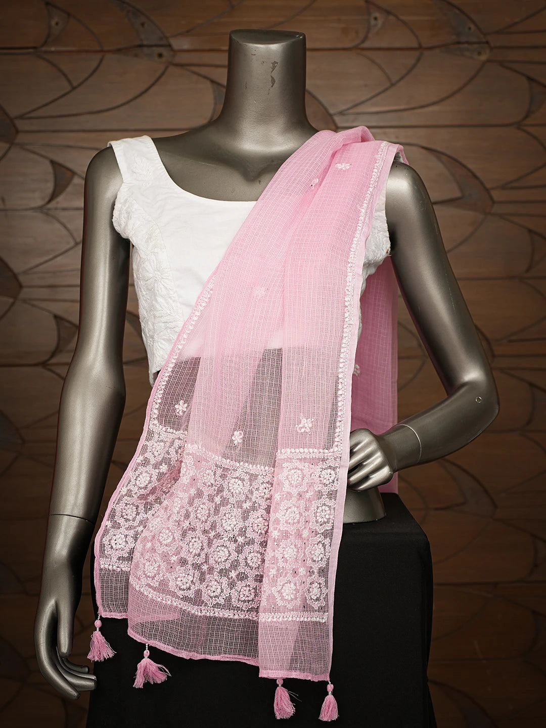 Ada Hand Embroidered Pink Kota Lucknowi Chikankari Stole With Muqaish Work 01A758892
