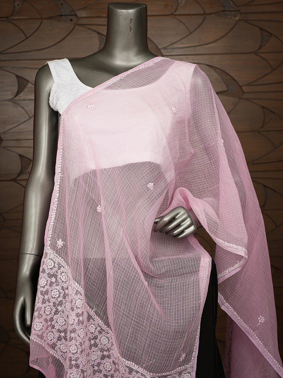 Ada Hand Embroidered Pink Kota Lucknowi Chikankari Stole With Muqaish Work 01A758892