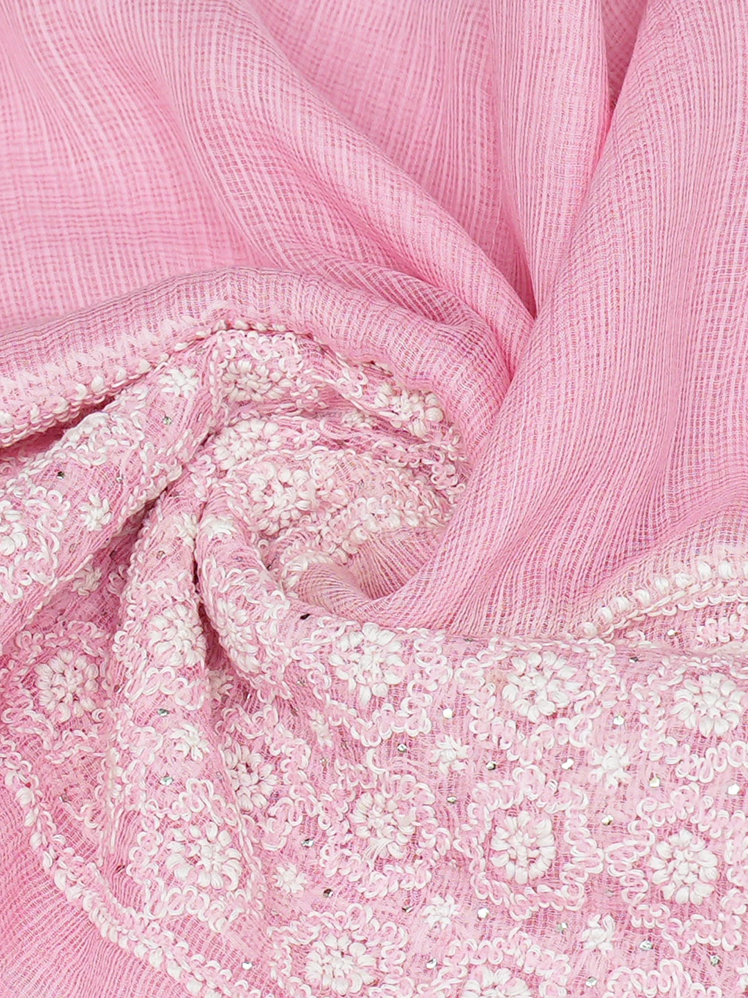 Ada Hand Embroidered Pink Kota Lucknowi Chikankari Stole With Muqaish Work 01A758892