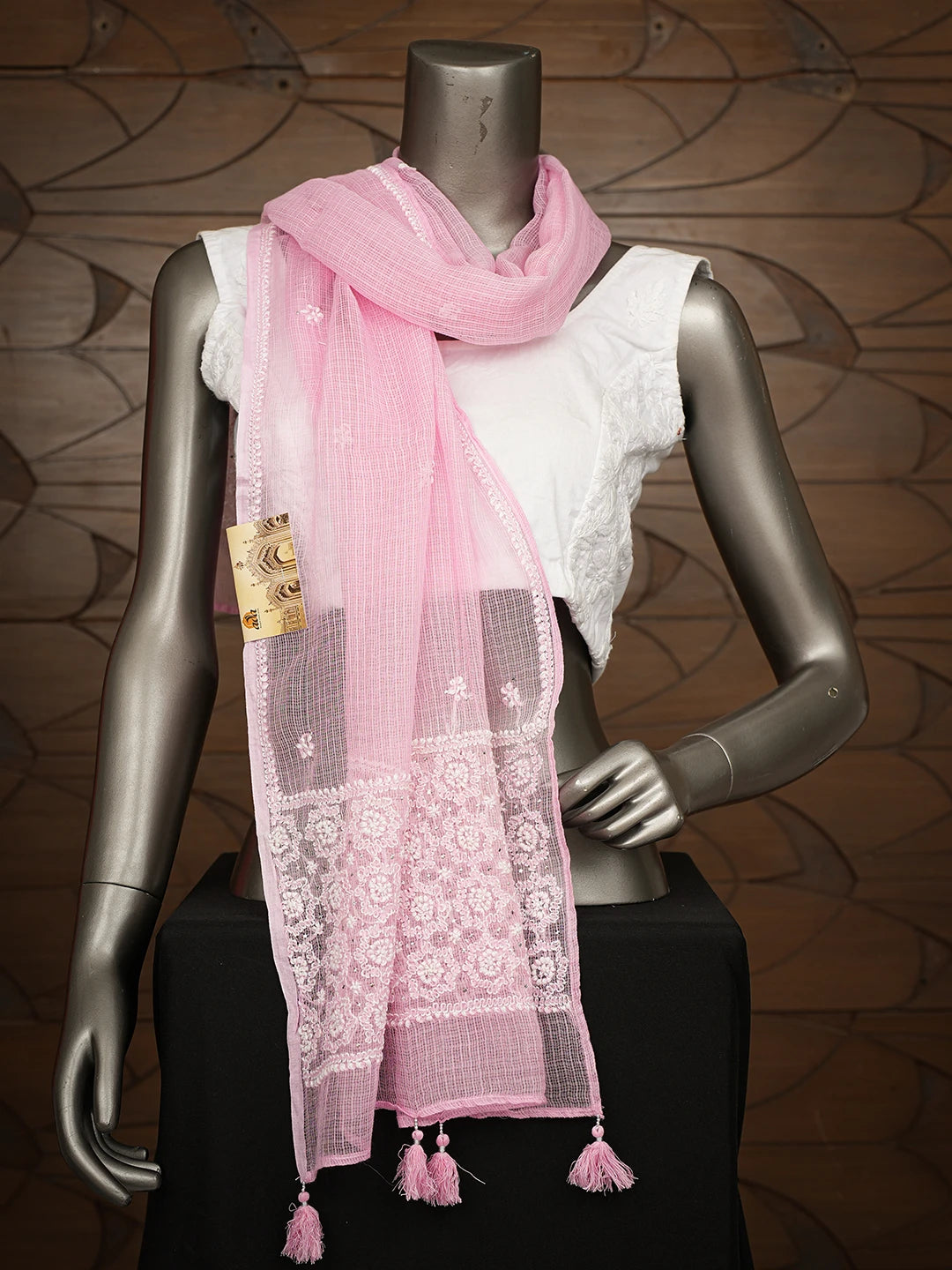 Ada Hand Embroidered Pink Kota Lucknowi Chikankari Stole With Muqaish Work 01A758892