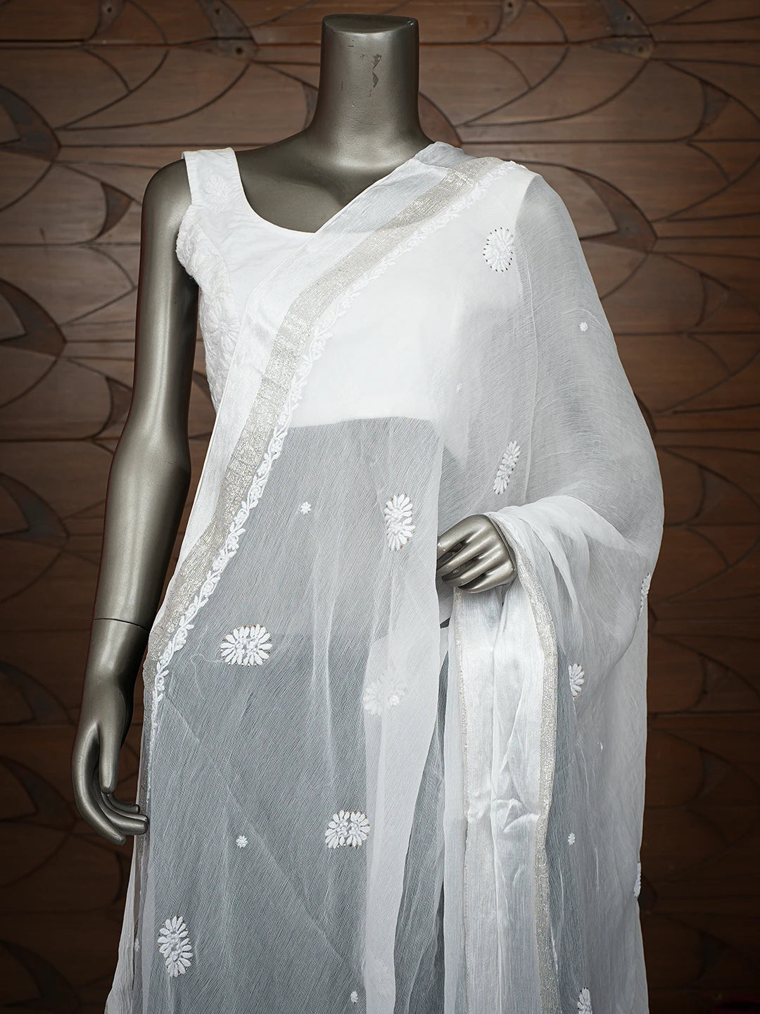 Ada Hand Embroidered White Chiffon Lucknowi Chikankari Dupatta With Mukaish Work 01A767541