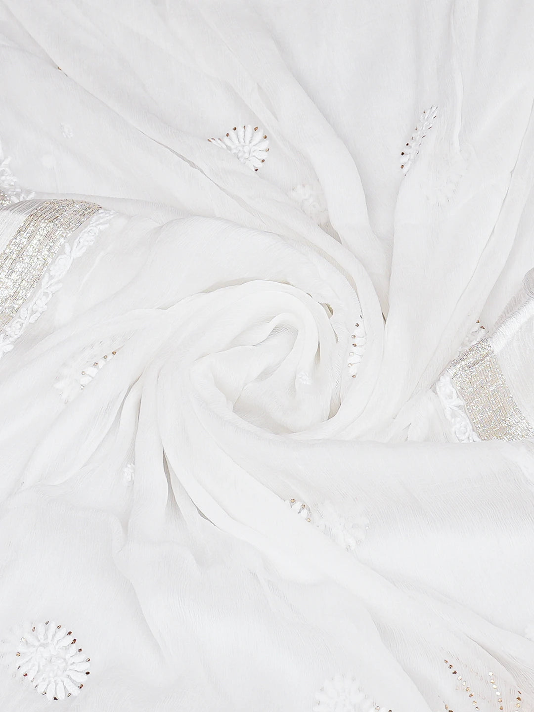 Ada Hand Embroidered White Chiffon Lucknowi Chikankari Dupatta With Mukaish Work 01A767541