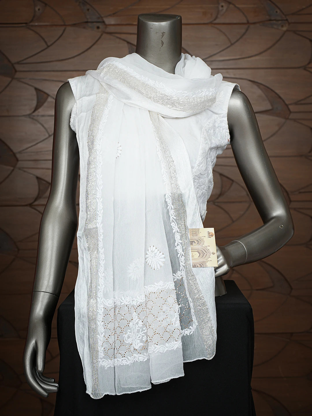 Ada Hand Embroidered White Chiffon Lucknowi Chikankari Dupatta With Mukaish Work 01A767541