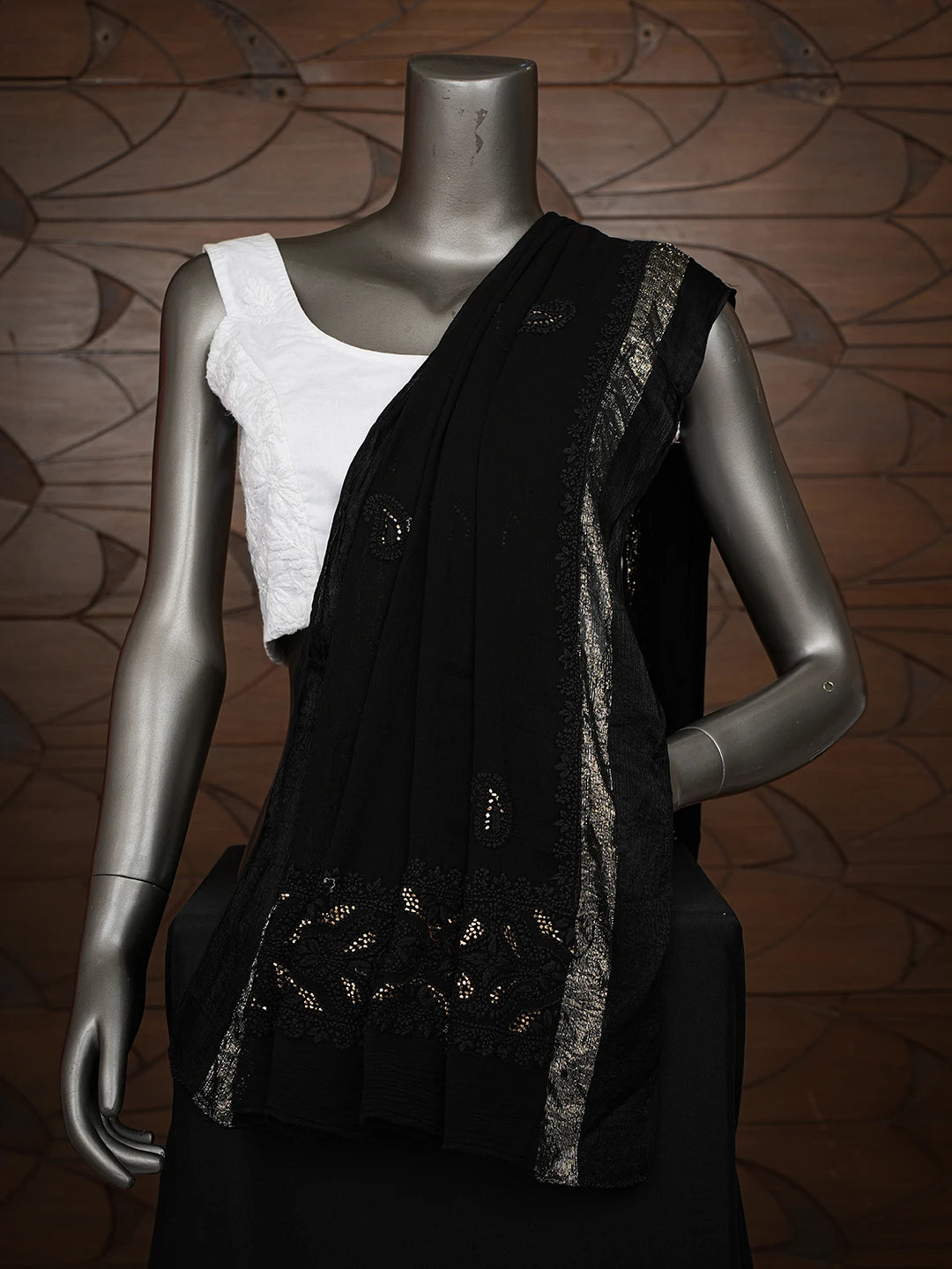 Ada Hand Embroidered Black Chiffon Lucknowi Chikankari Dupatta With Mukaish Work 01A550209