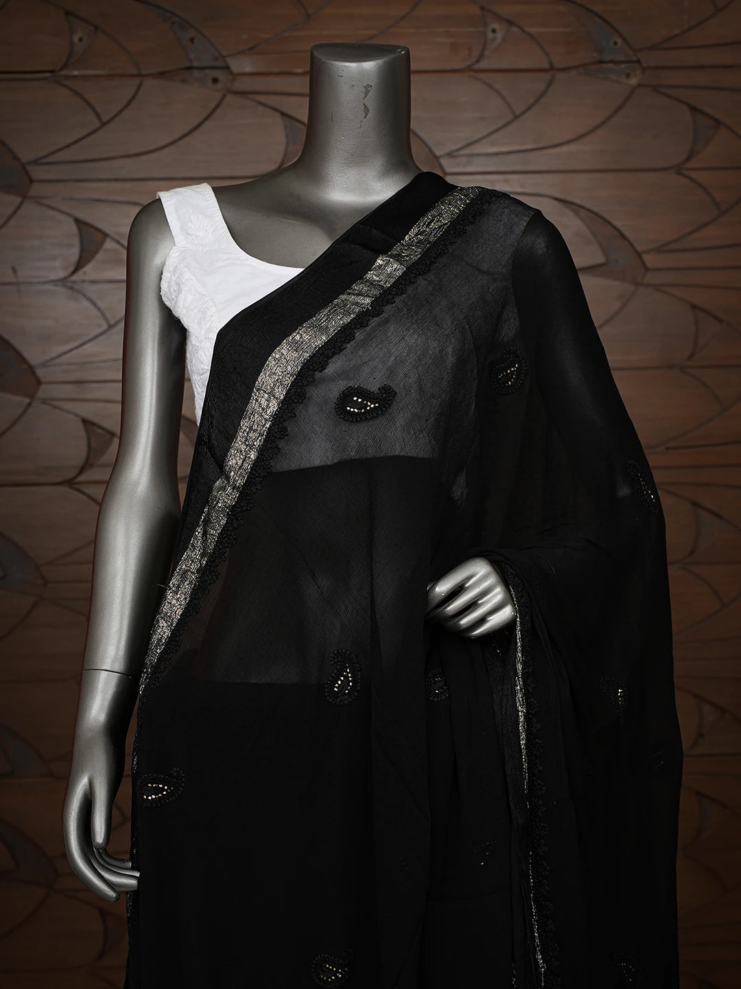 Ada Hand Embroidered Black Chiffon Lucknowi Chikankari Dupatta With Mukaish Work 01A550209