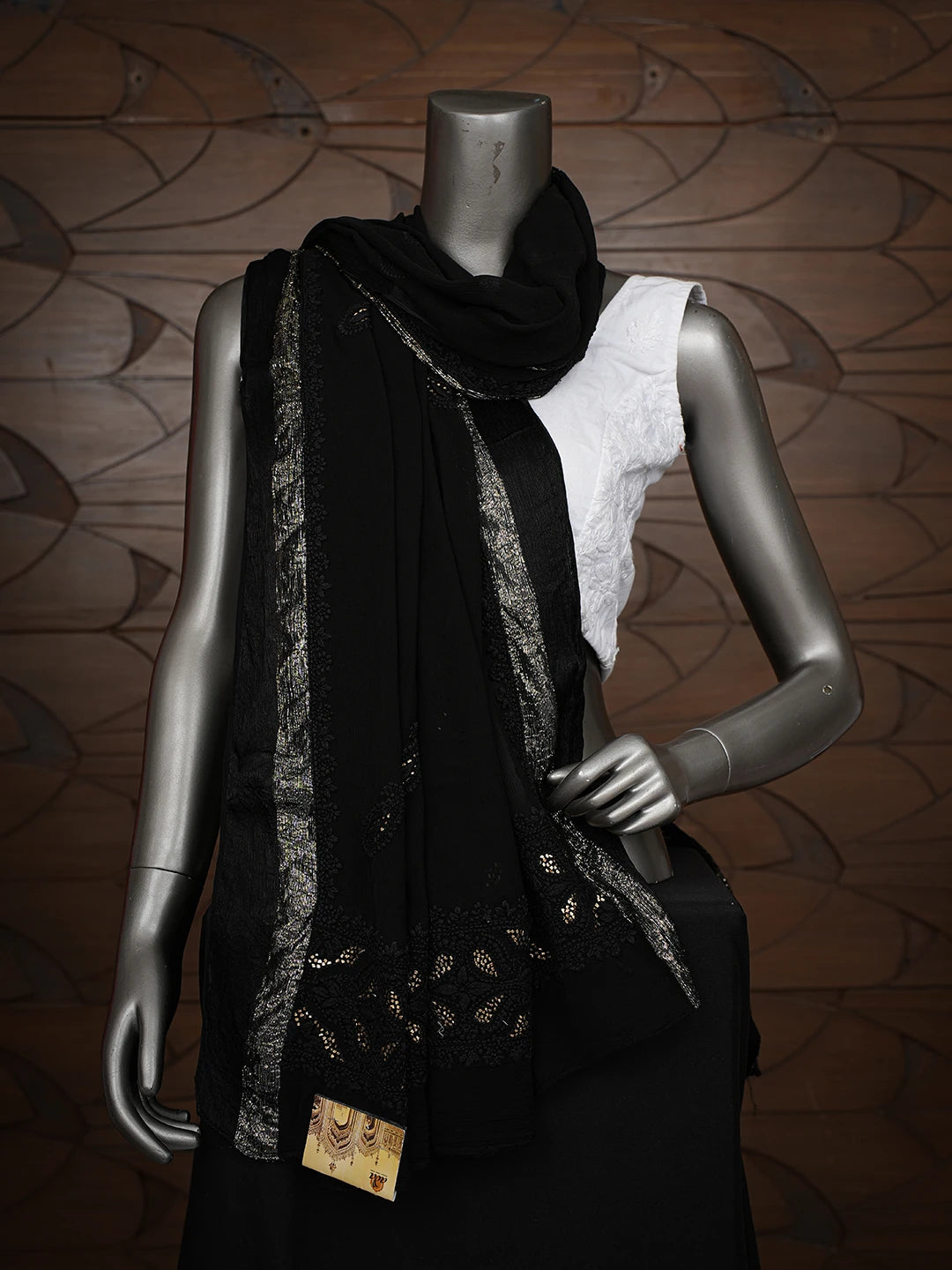 Ada Hand Embroidered Black Chiffon Lucknowi Chikankari Dupatta With Mukaish Work 01A550209