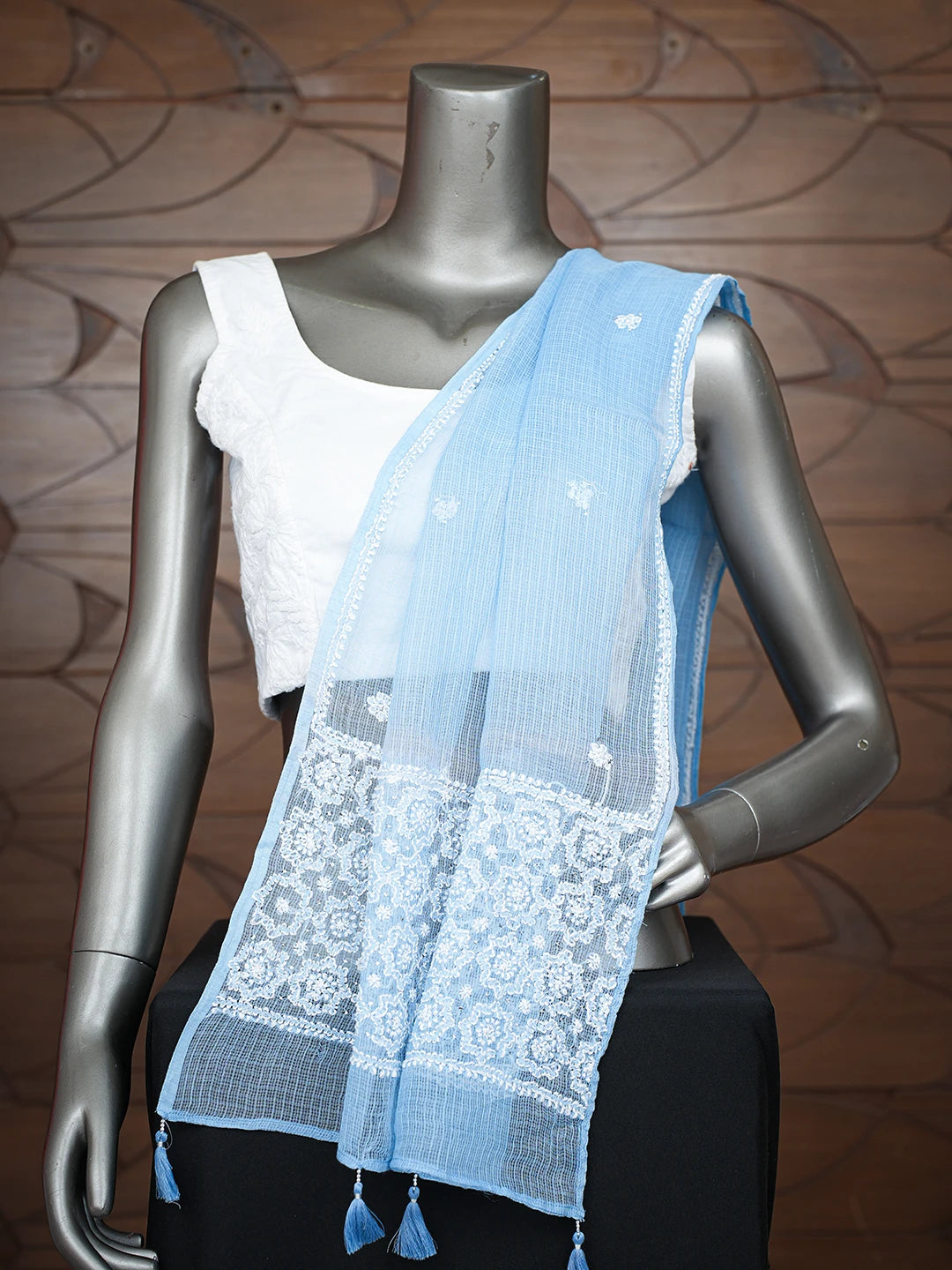 Ada Hand Embroidered Light Blue Kota Lucknowi Chikankari Stole With Muqaish Work 01A758901