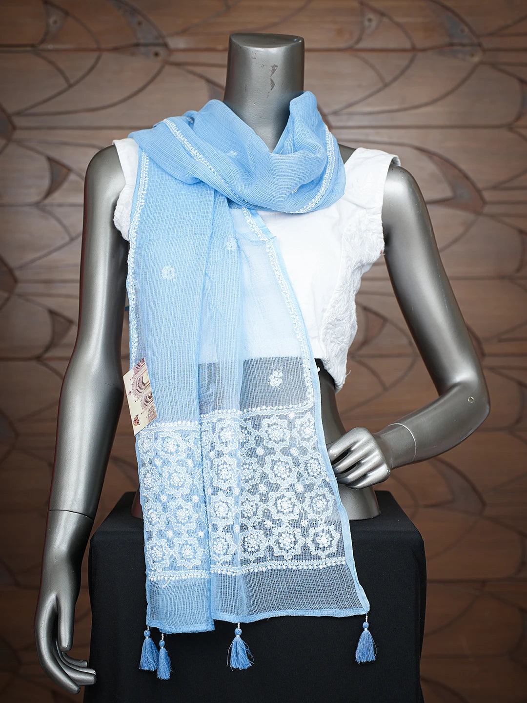 Ada Hand Embroidered Light Blue Kota Lucknowi Chikankari Stole With Muqaish Work 01A758901