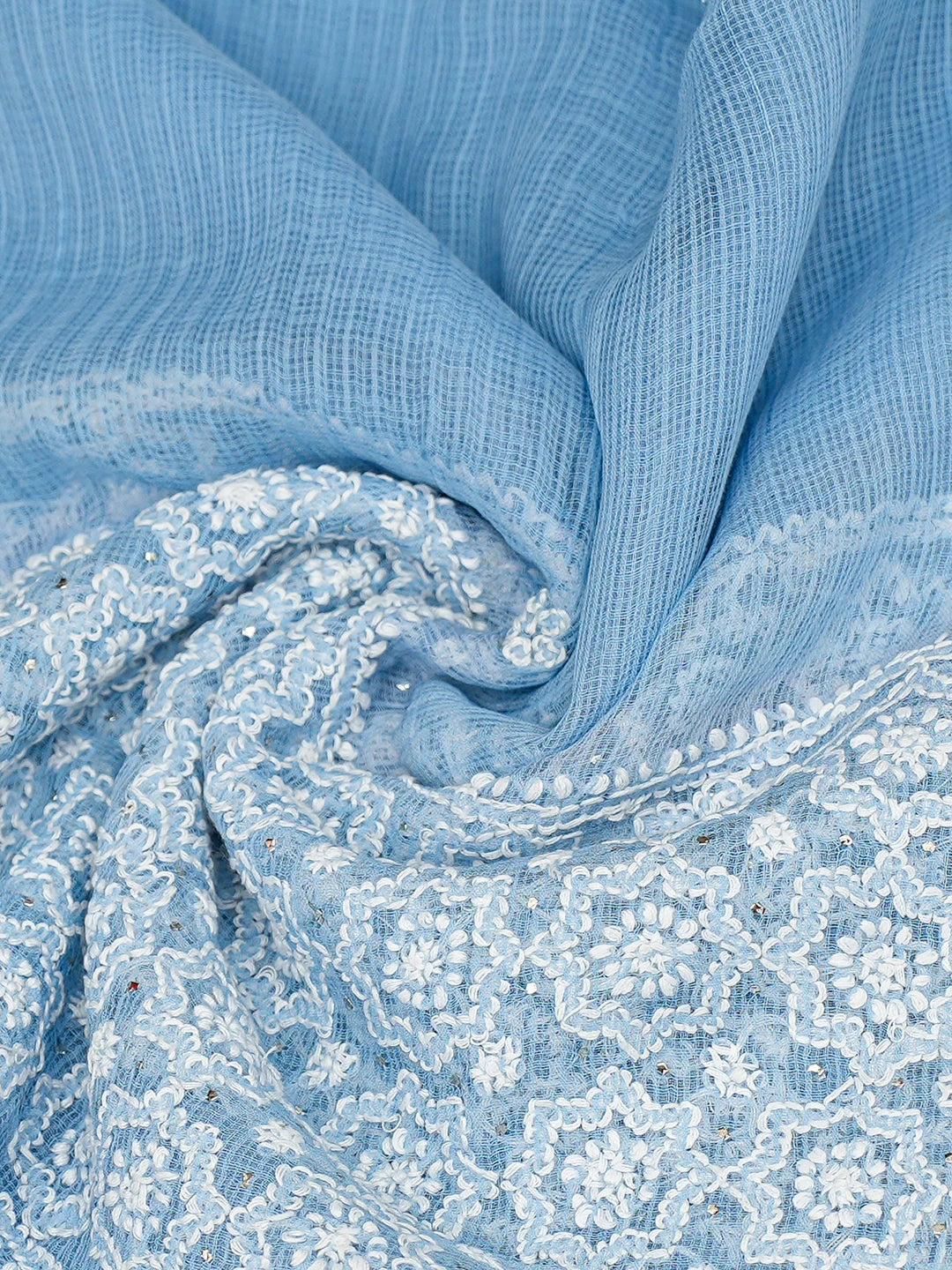 Ada Hand Embroidered Light Blue Kota Lucknowi Chikankari Stole With Muqaish Work 01A758901